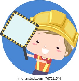 Illustration of a Kid Boy Wearing a Hard Hat Holding a Blank Sign Board to Show a Party Zone