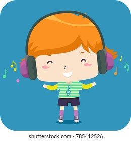 Illustration of a Kid Boy Wearing a Headset Listening to Music with Music Notes Floating Around