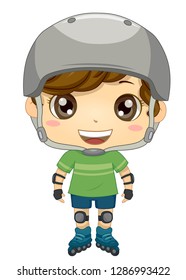 Illustration of a Kid Boy Wearing Helmet, Pads and Roller Blades for Rollerskating