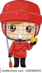 Illustration of a Kid Boy Wearing Helmet and Holding Ball and Broom Stick Playing Broomball