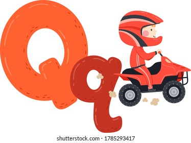 Illustration Of A Kid Boy Wearing Helmet And Uniform Riding A Quad Bike. Sports Alphabet