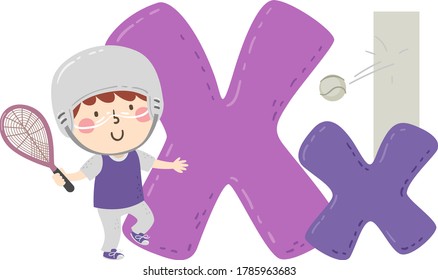 Illustration Of A Kid Boy Wearing Helmet And Holding Racquet Playing Xare. Sports Alphabet