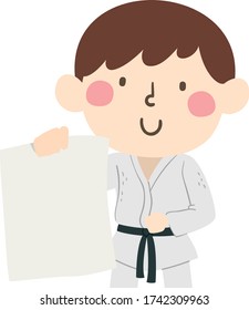 Illustration of a Kid Boy Wearing Karate Uniform and Holding a Blank Poster Board