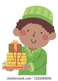 Illustration of a Kid Boy Wearing Kwanzaa African Clothes Carrying a Stack of Gifts