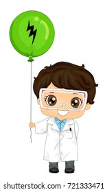 Illustration of a Kid Boy Wearing Lab Gown and Goggles Holding a Balloon with Lightning Symbol. Physics Demo Static Electricity.
