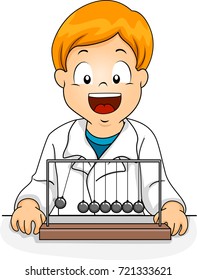 Illustration of a Kid Boy wearing Lab Gown Watching a Pendulum
