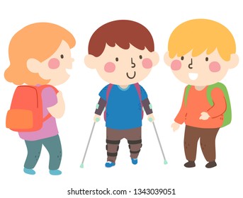 Illustration of a Kid Boy Wearing Leg Braces and Going to School and Greeted by Other Kids