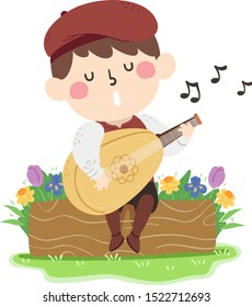 Illustration of a Kid Boy Wearing a Medieval Minstrel Costume Singing and Playing a Lute