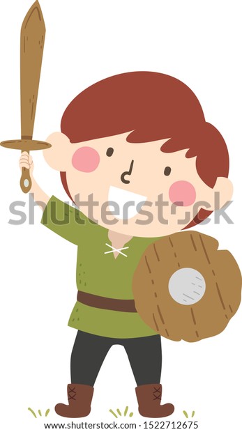 刀と盾を持つ中世の小姓の衣装を着た少年のイラスト のベクター画像素材 ロイヤリティフリー