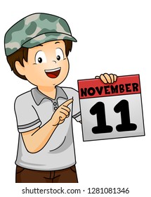 Illustration of a Kid Boy Wearing Military Hat and Holding a Day Calendar of November Eleven for Veterans Day