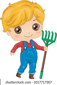 Illustration of a Kid Boy Wearing Overalls and Holding a Rake Ready for Gardening