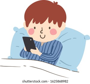 Illustration of a Kid Boy Wearing Pajamas and Using Mobile Phone in Bed