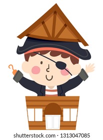 Illustration of a Kid Boy Wearing Pirate Costume Inside a Shop or a House