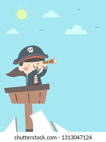 Illustration of a Kid Boy Wearing Pirate Costume Looking at a Telescope from Viewing Deck