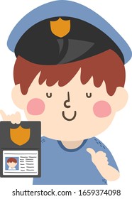 Illustration of a Kid Boy Wearing Police Costume with Hat and Identification Card