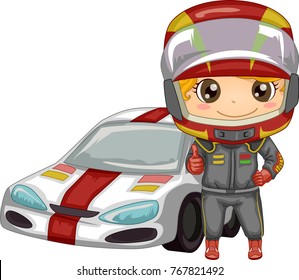 Illustration of a Kid Boy Wearing a Racing Gear and Helmet Showing an Okay Sign with His Car Behind
