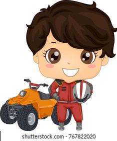 Illustration of a Kid Boy Wearing a Racing Gear with Helmet Standing Beside a Quad Bike