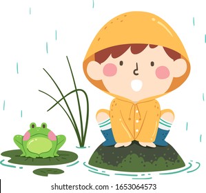 Illustration of a Kid Boy Wearing Rain Coat and Boots, Sitting and Croaking Like a Frog