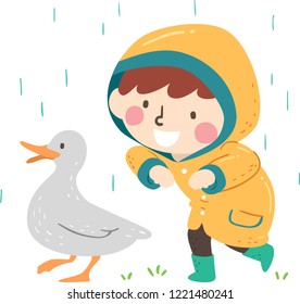 Illustration eines kleinen Jungen, der Regenmantel trägt und wie eine Ente unter dem Regen quackt