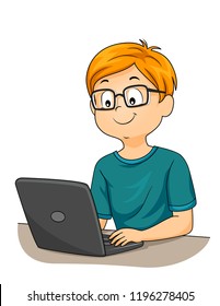 Illustration of a Kid Boy Wearing Reading Glasses and Typing on His Laptop