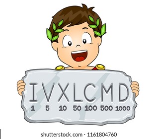 Illustration of a Kid Boy Wearing Roman Emperor Costume Showing Stone Tablet with Roman Numeral System