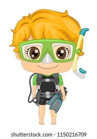 Illustration of a Kid Boy Wearing Scuba Diving Gear with Goggles, Mouthpiece, Oxygen and Flippers