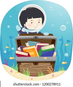 Illustration of a Kid Boy Wearing Scuba Diving Suit and Opening a Treasure Chest Full of Books