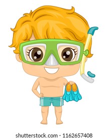 Illustration of a Kid Boy Wearing Snorkeling Goggles, Mouthpiece and Holding Fins