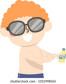 Illustration of a Kid Boy Wearing Sunglasses and Applying Sunscreen on His Arm