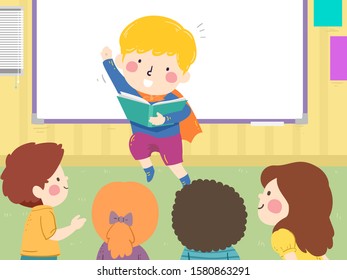 Illustration of a Kid Boy Wearing Superhero Costume and Reading a Book in Class