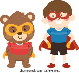 Illustration Of A Kid Boy Wearing Superhero Costume With His Imaginary Friend, A Teddy Bear Stuffed Toy