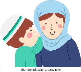 Illustration of a Kid Boy Wearing Taqiyah Whispering Something to His Mother Wearing Hijab