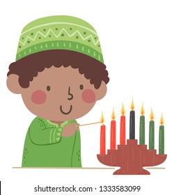 Illustration of a Kid Boy Wearing Traditional Kwanzaa African Clothing and Lighting Seven Candles