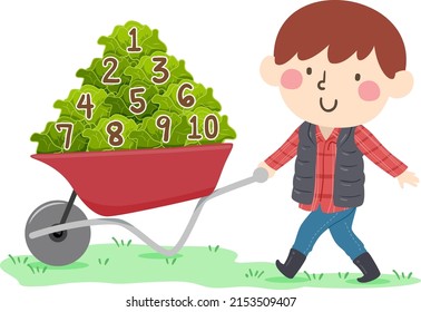 Illustration of a Kid Boy Wearing Vest and Pushing Wheelbarrow with Cabbage Harvests with Numbers One to Ten