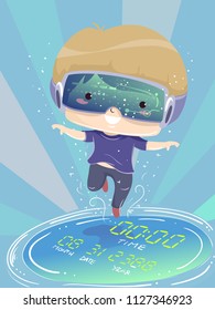 Illustration of a Kid Boy Wearing Virtual Reality Goggles Floating through Time