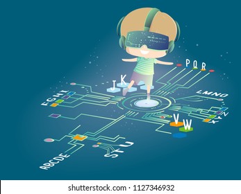 Illustration of a Kid Boy Wearing Virtual Reality Goggles Walking on the Alphabet