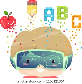 Illustration of a Kid Boy Wearing Virtual Reality Goggles with Apple, Pencil and ABC Pixel Art