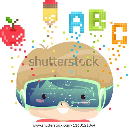 Illustration of a Kid Boy Wearing Virtual Reality Goggles with Apple, Pencil and ABC Pixel Art