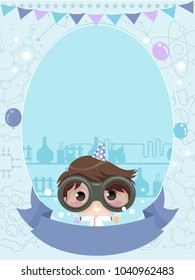 Illustration of a Kid Boy Wearing White Gown and Glasses Holding Experiment with Space for Text for Party Invitation