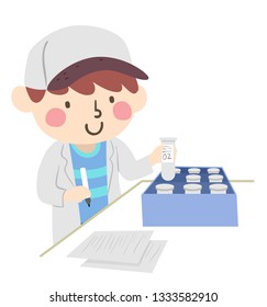 Illustration of a Kid Boy Wearing White Lab Gown, Holding Pen and Writing Labels on Specimen