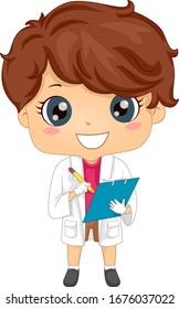 Illustration of a Kid Boy Wearing White Coat and Goggles Logging Date from Crime Scene Game Using Pencil and Clipboard