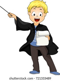 Illustration of a Kid Boy Wearing a Wizard Costume while Reading Script for Show