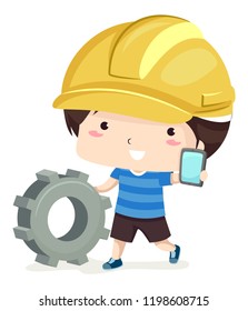 Illustration of a Kid Boy Wearing a Yellow Hard Hat, Pushing a Cog and Showing a Mobile Phone. App Developer