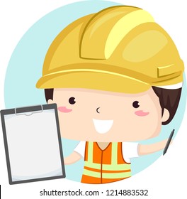 Illustration of a Kid Boy Wearing Yellow Hard Hat and Showing a Blank Paper on Clipboard