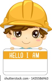 Illustration of a Kid Boy Wearing a Yellow Construction Hard Hat and Holding a Hello I am Name Tag