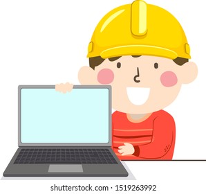 Illustration of a Kid Boy Wearing Yellow Hard Hat and Showing a Laptop. Website Development, Construction Concept