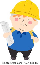 Illustration of a Kid Boy Wearing Yellow Hard Hat and Holding Rolls of Blueprints