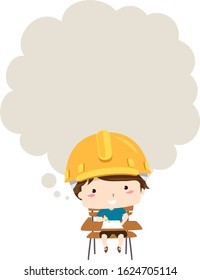 Illustration of a Kid Boy Wearing Yellow Hard Hat and Sitting in Class Desk and Writing with a Blank Thinking Cloud