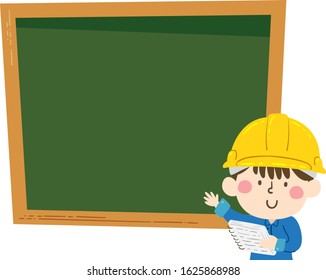 Illustration of a Kid Boy Wearing Yellow Hard Hat and Showing a Blank Blackboard