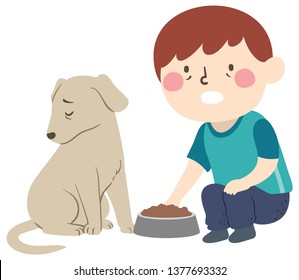 Illustration of a Kid Boy Worried About His Dying Pet Dog Refusing to Eat Food